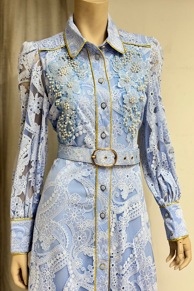 Beaded Pearl Embellished Belted Midi Dress