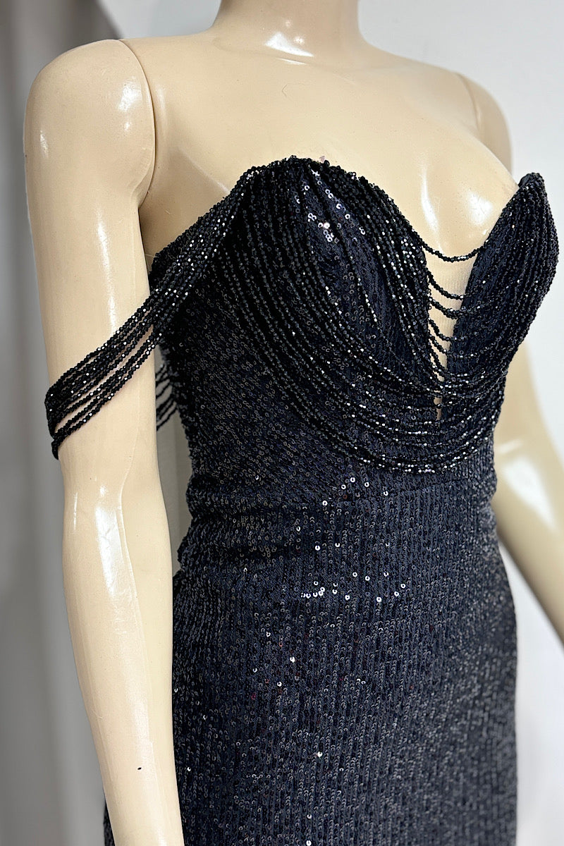 Strapless Sequin  Beaded Draped Neckline