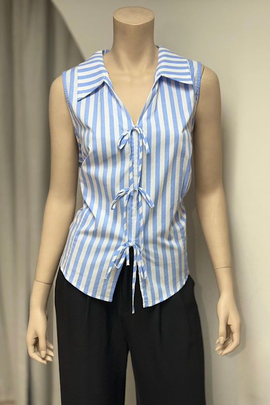 Striped Bow Detail Collared Top