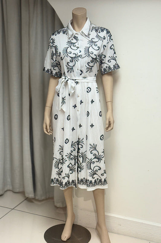 Embellished Collar Short Sleeve Embroidered Dress