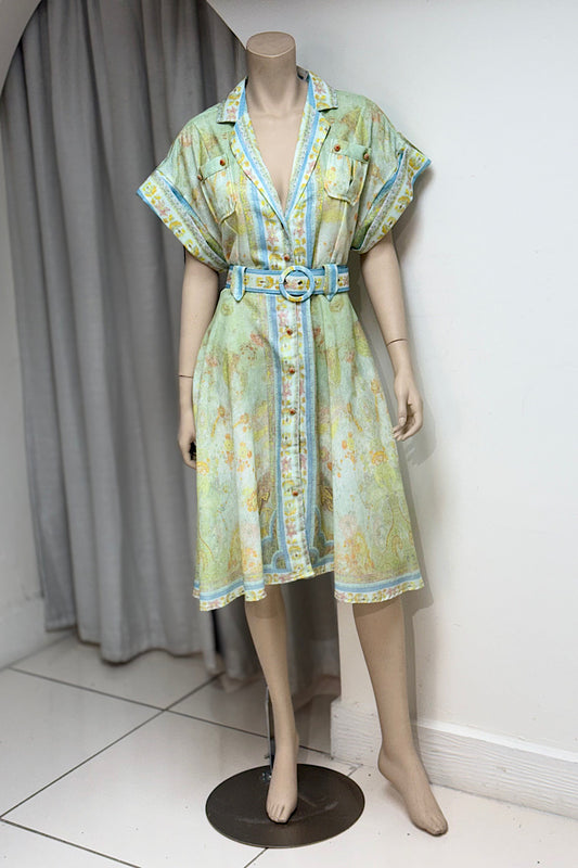 Collared Water Color Belted Midi Dress