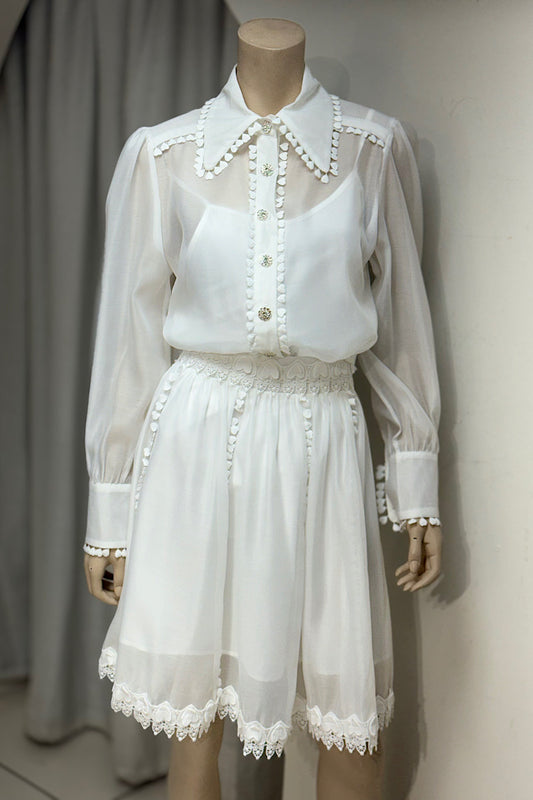 Heart Detailed Rhinestone Button Skirt Set