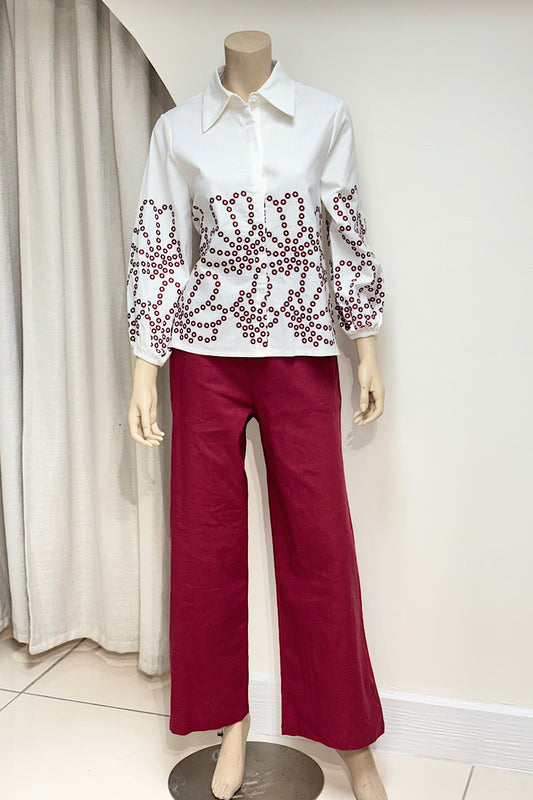 Embroidered Detail Collared Pant Set