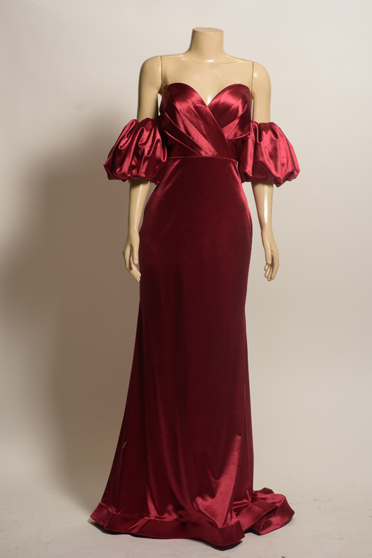 Silky Burgundy Puff Sleeve Formal