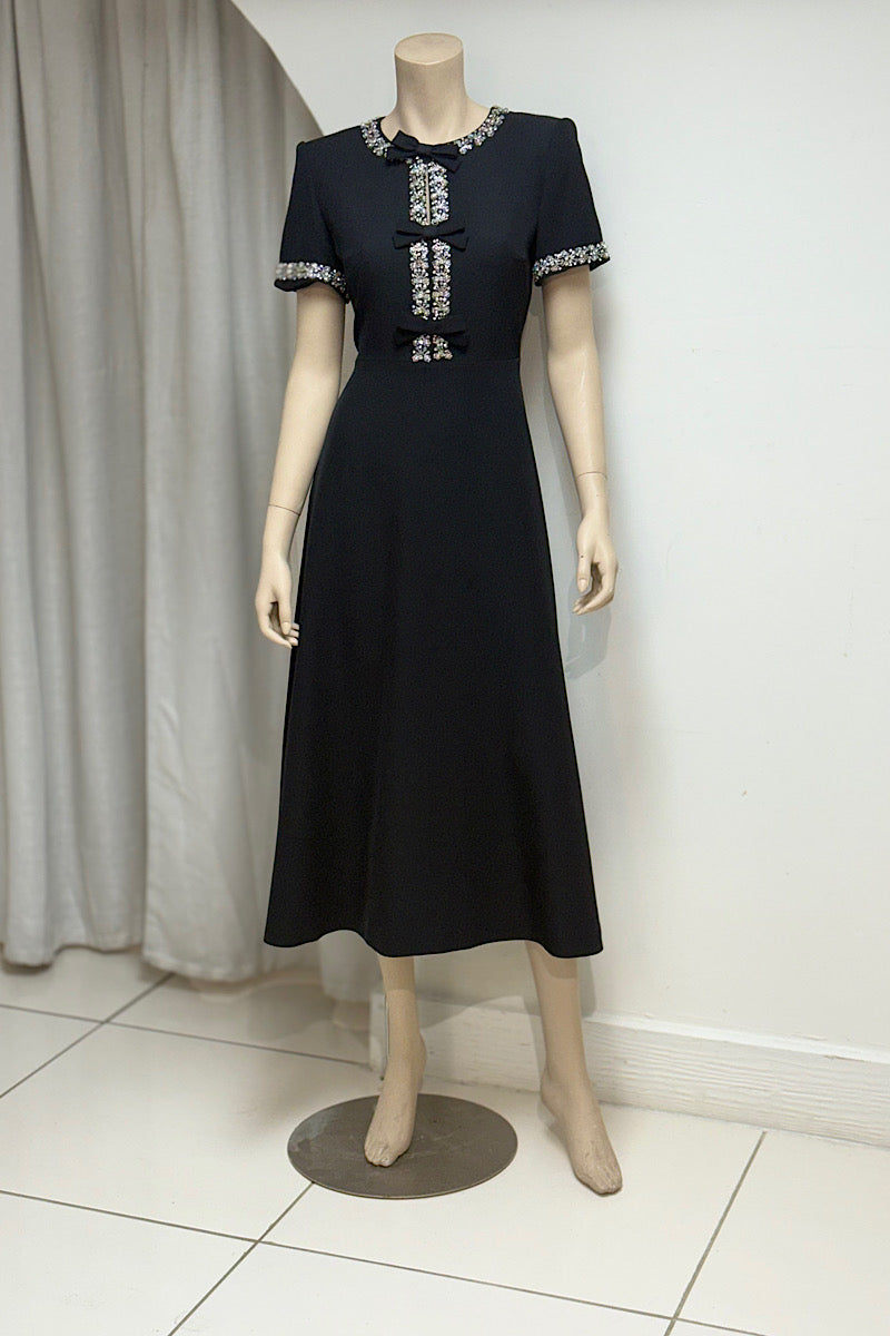 Rhinestone Embroidered Bow Detail Tea Length Dress