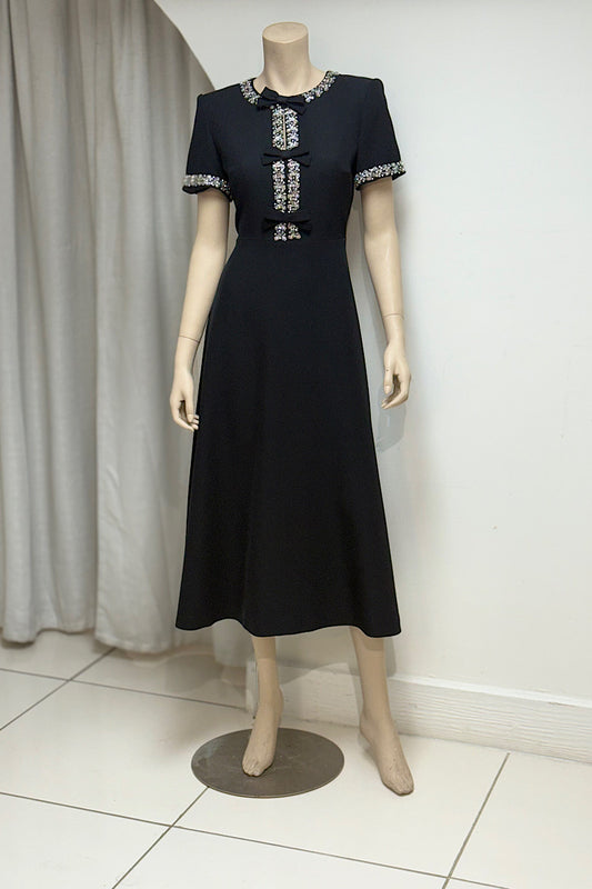 Rhinestone Embroidered Bow Detail Tea Length Dress