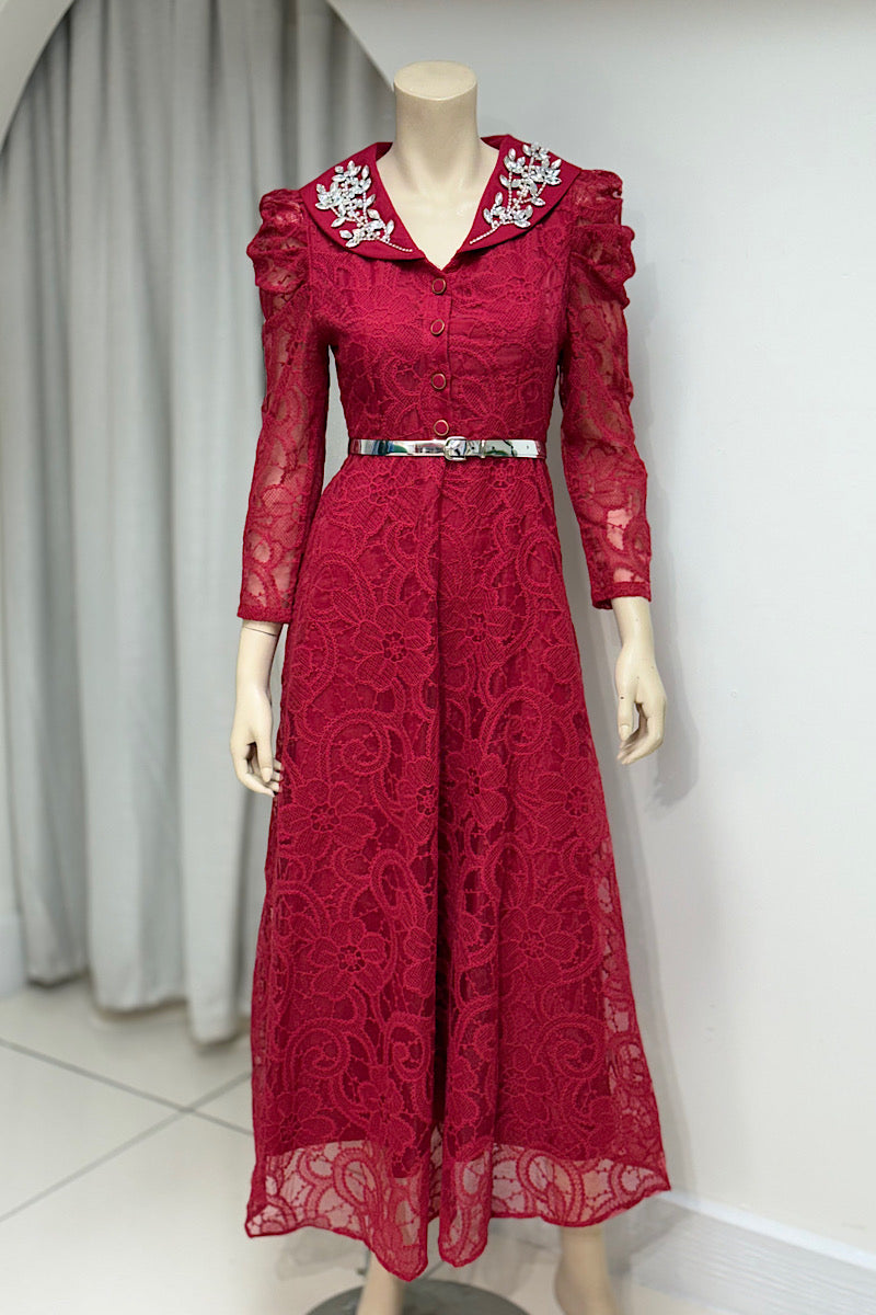 Embellished Collar Lace Belted Dress