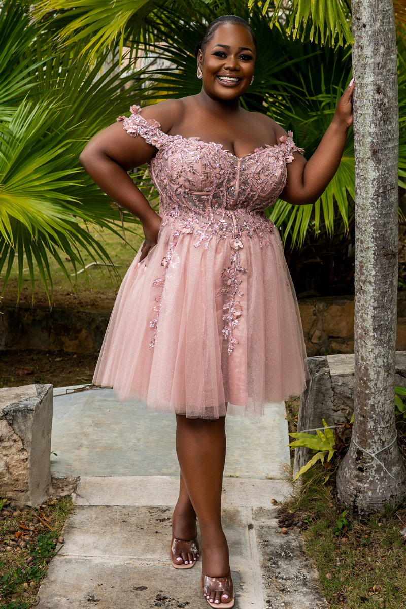 Off-Shoulder Beaded Tulle Mini Formal