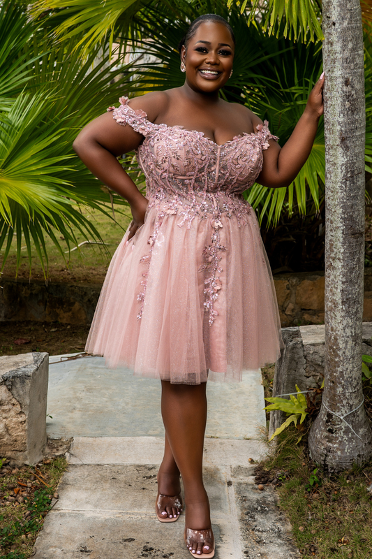 Off-Shoulder Beaded Tulle Mini Formal