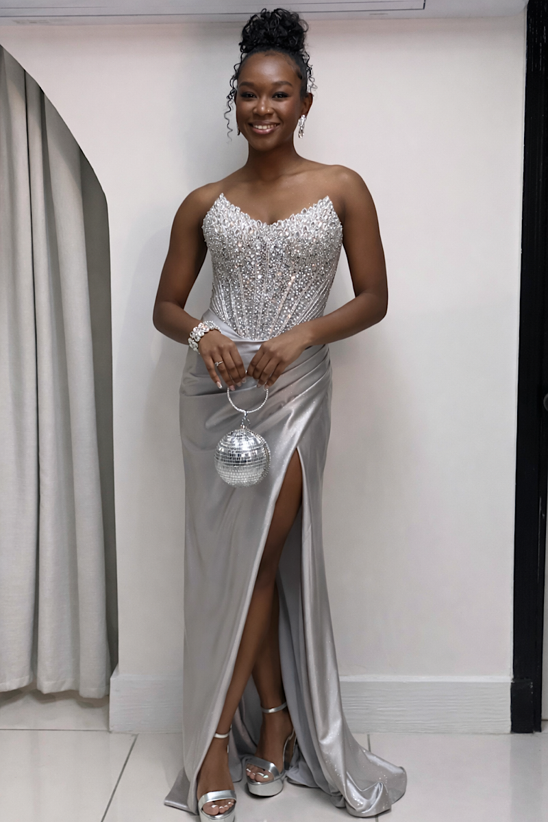 Beaded Bodice Ruched Corset Formal