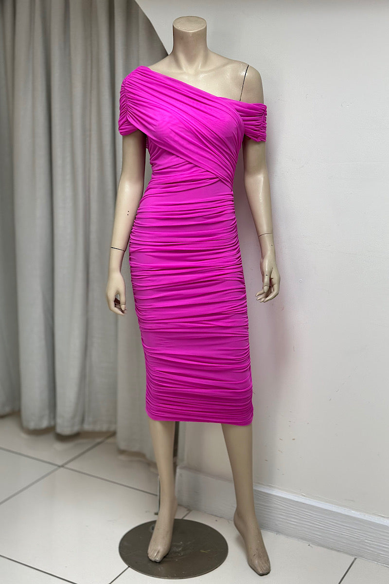 Off One-Shoulder Ruched Sash Dress