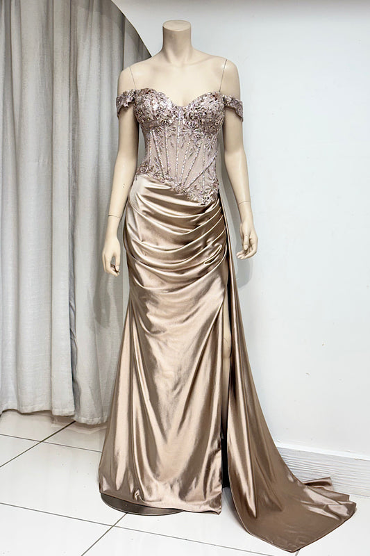 Fitted Ruched Side Drape Off-Shoulder Formal