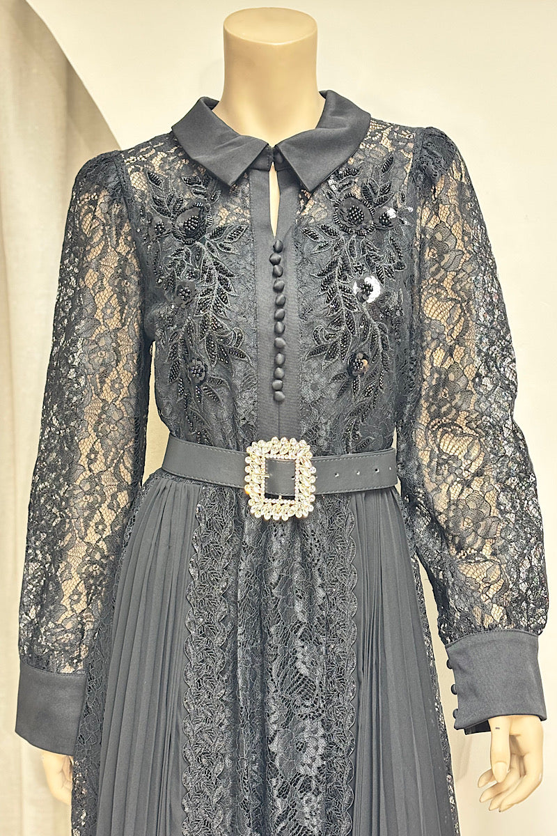 Collared Lace Embellished Tea-Length Dress