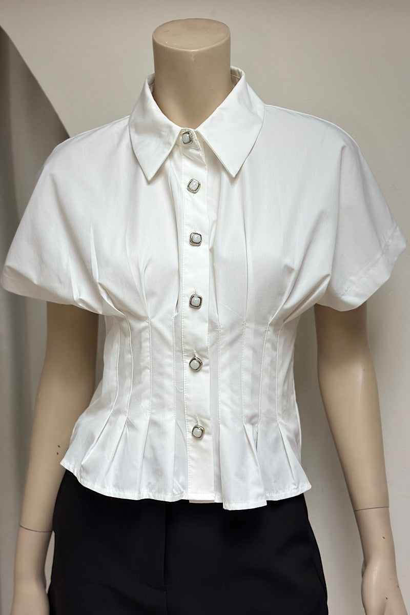 Tailored Marble Button Pleated Top