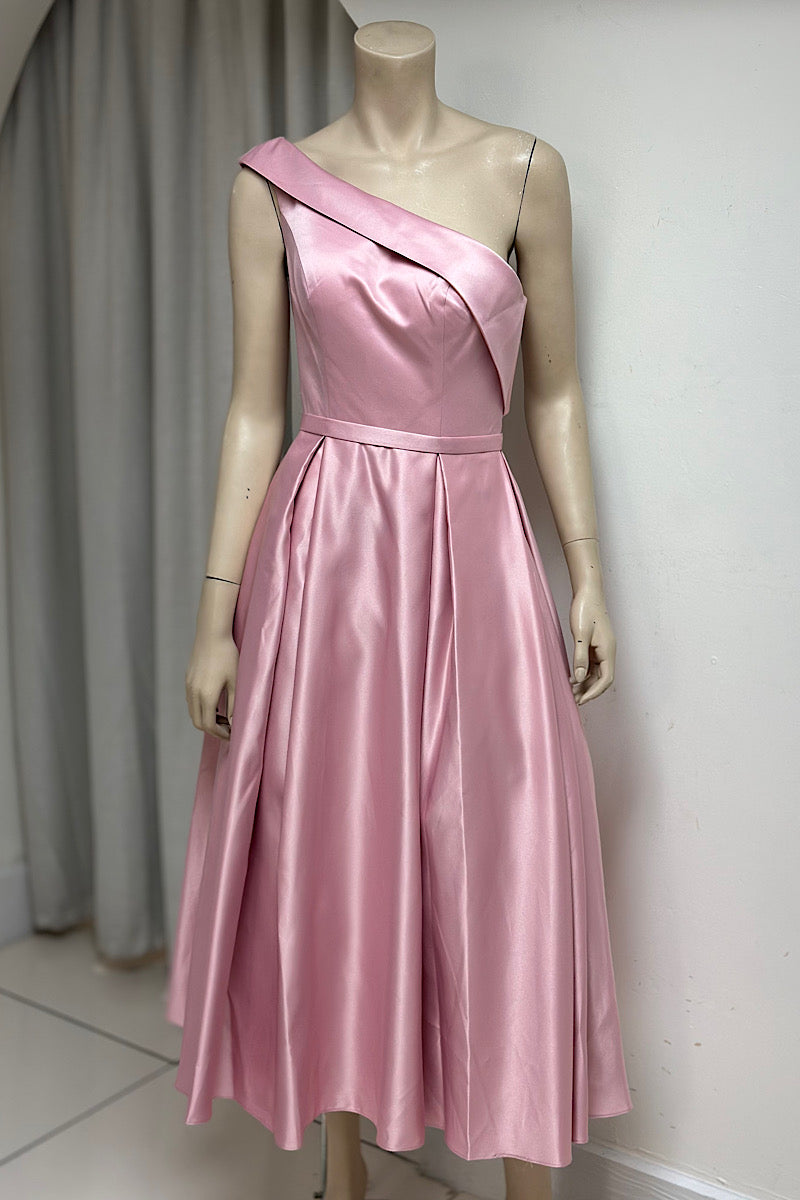 Satin One-Shoulder Tea-Length Formal