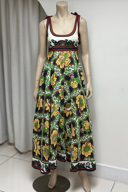 Tie-Shoulder Printed Midi Dress