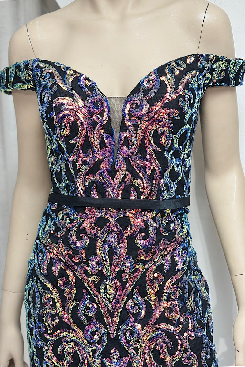 Off-Shoulder Sequin Belted Formal