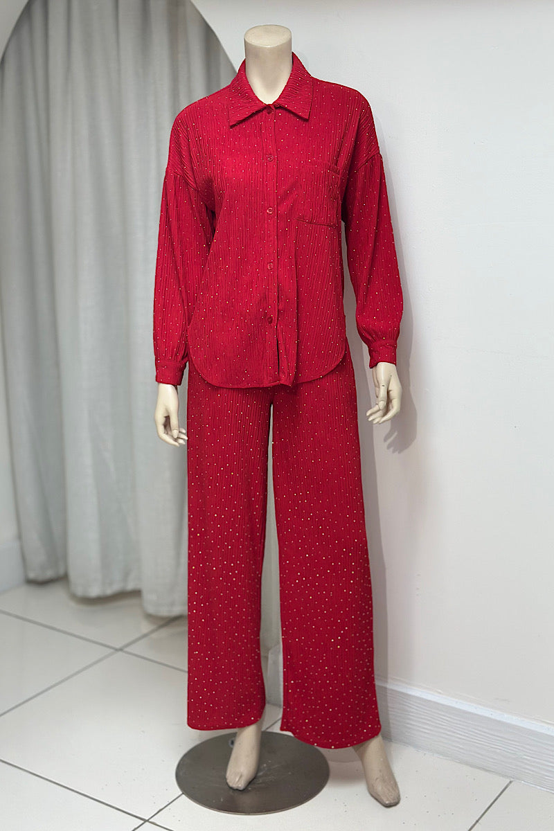 Rhinestone Plisse Button Down Set