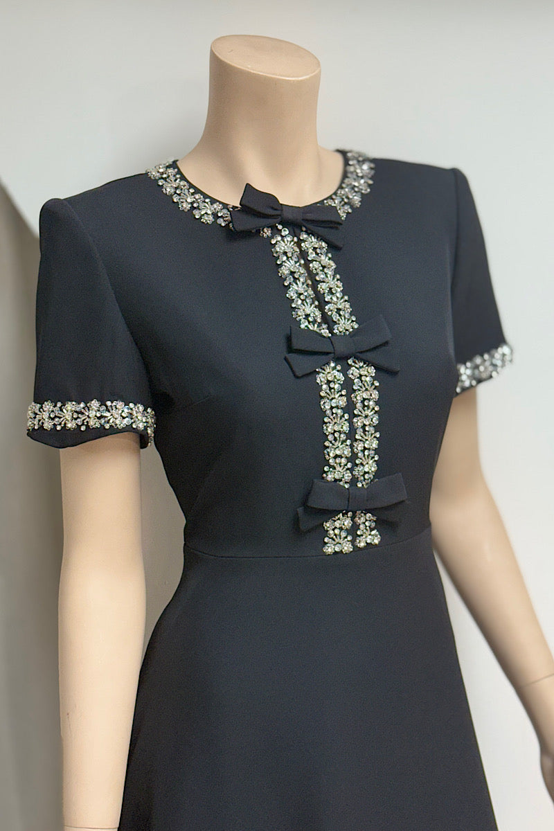 Rhinestone Embroidered Bow Detail Tea Length Dress