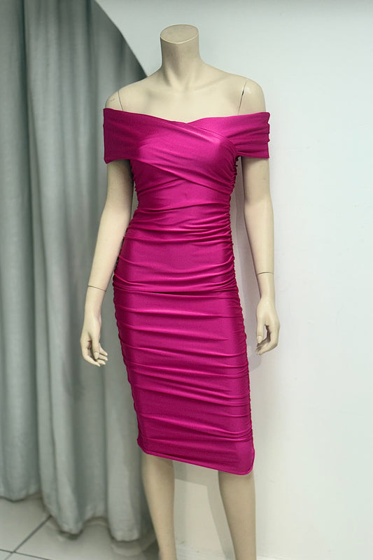 Off Shoulder Fitted Stretched Midi Ruched Dress