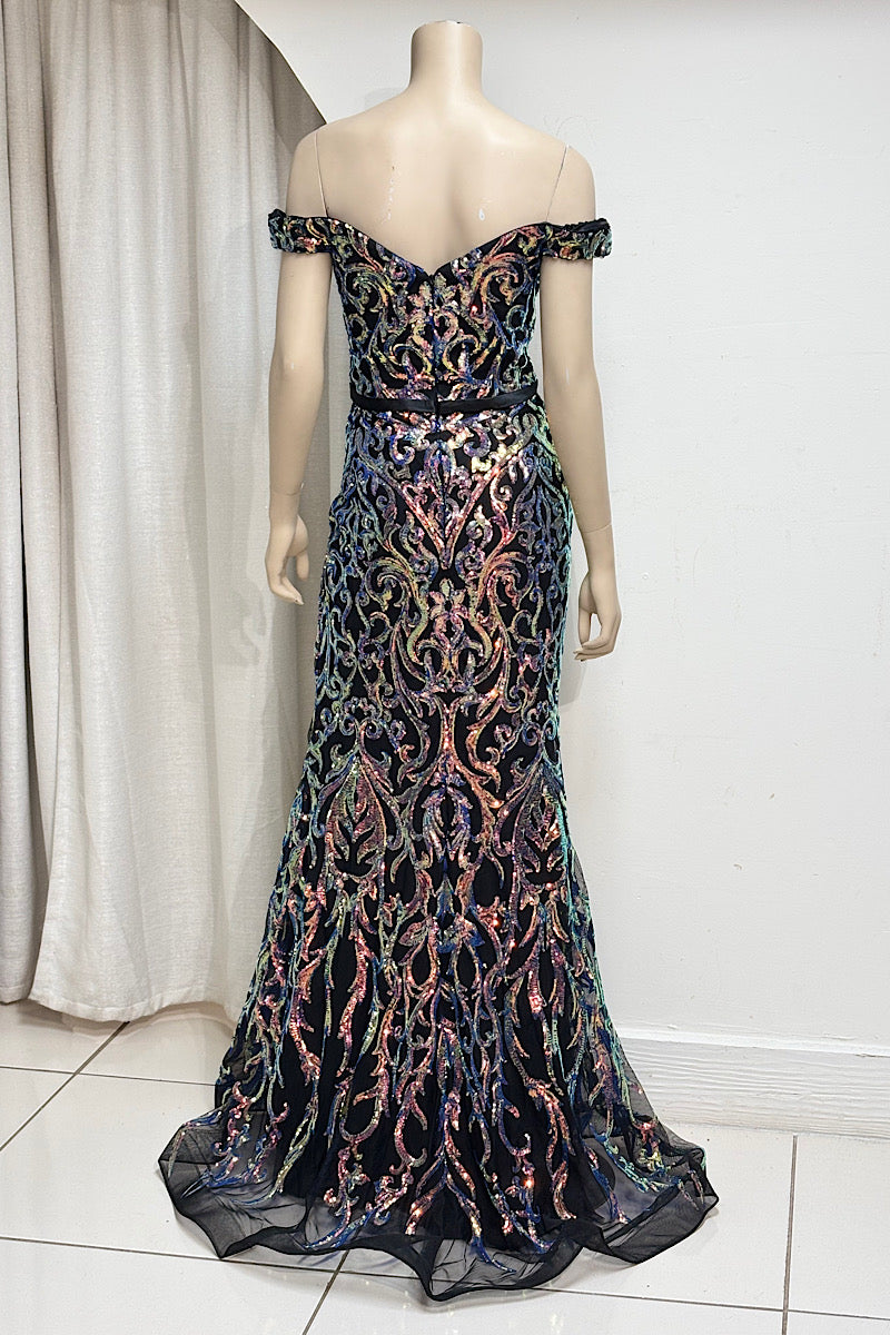 Off-Shoulder Sequin Belted Formal