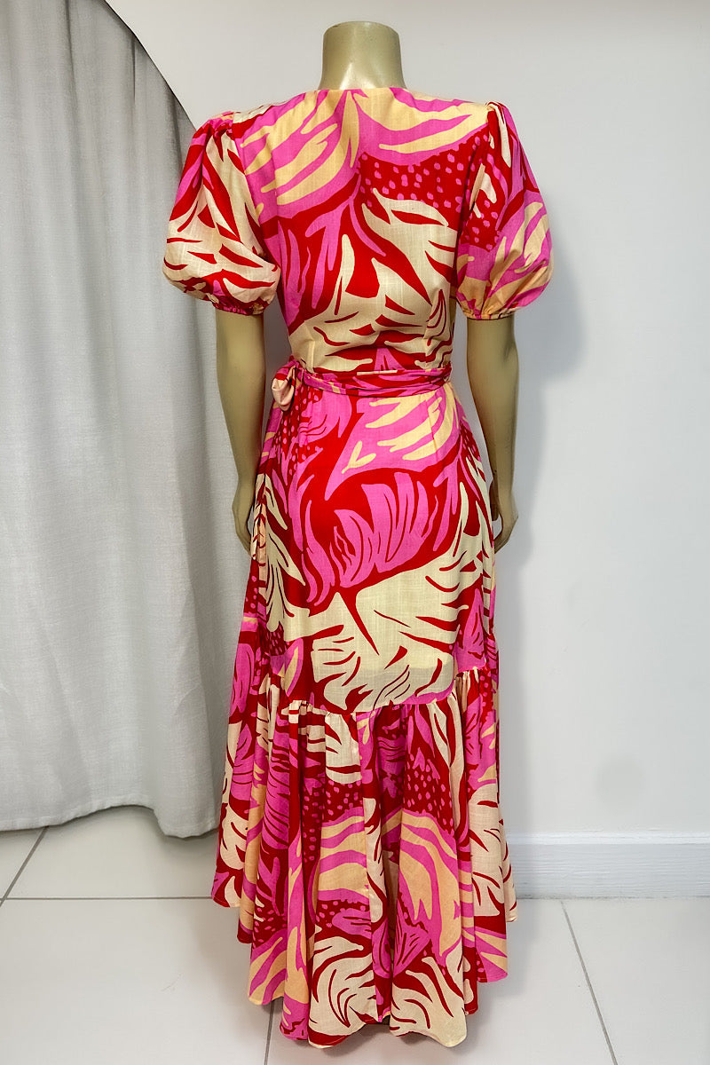 Tropical Tie-Waist Flounce Dress