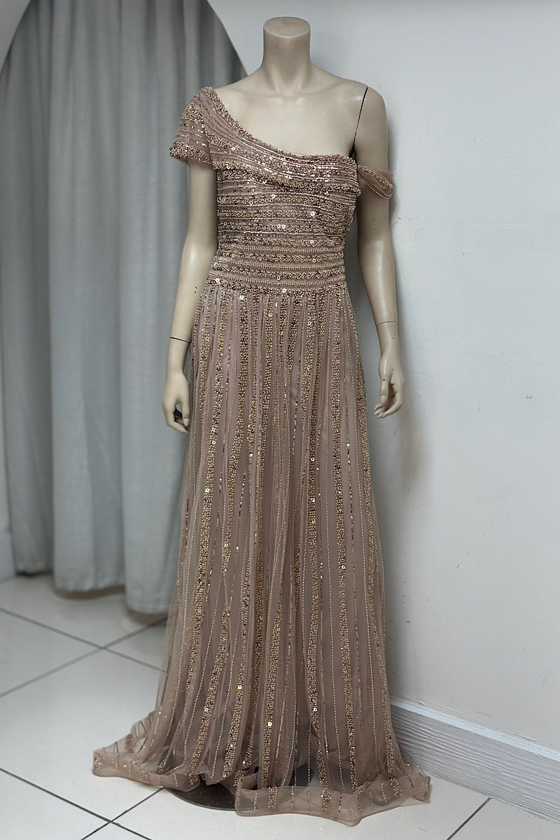 One-Shoulder Beaded Flowy Formal