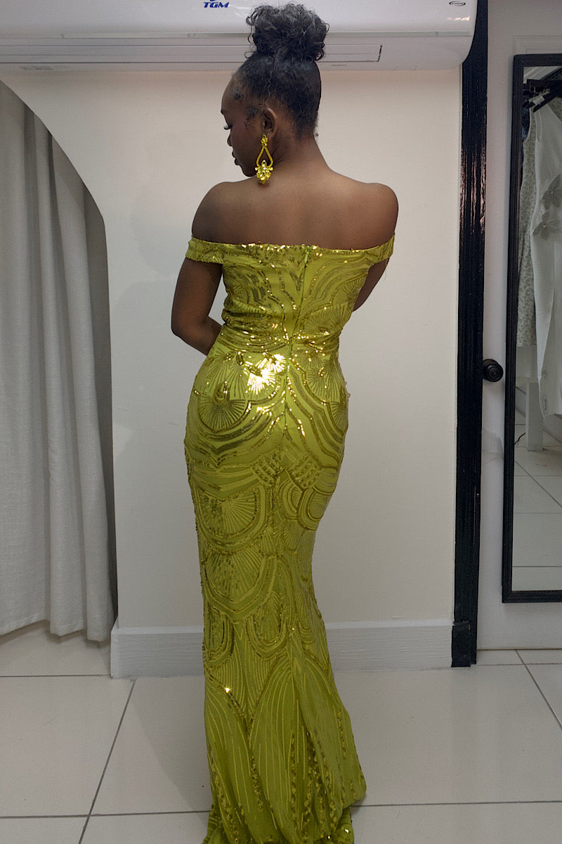 Off-Shoulder Fitted Sequin Formal