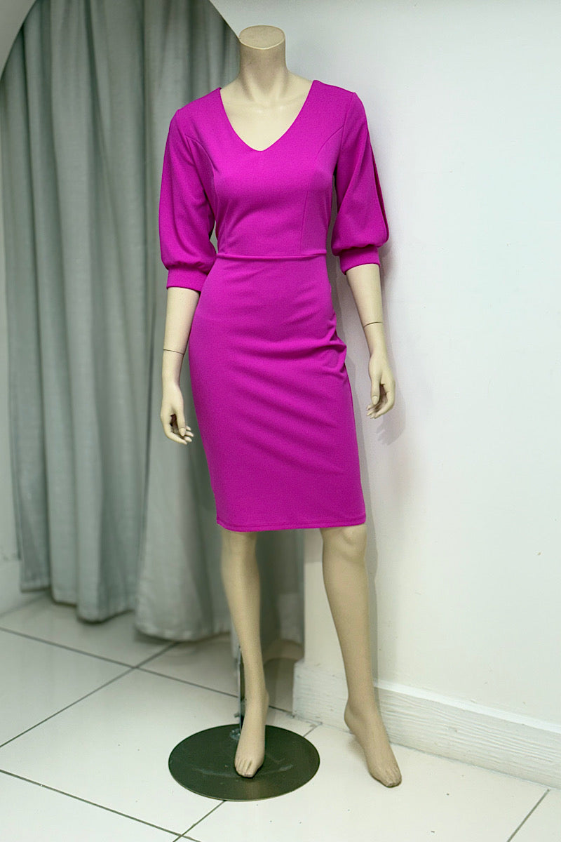 Fitted V-Neck Split Puff Sleeve Dress