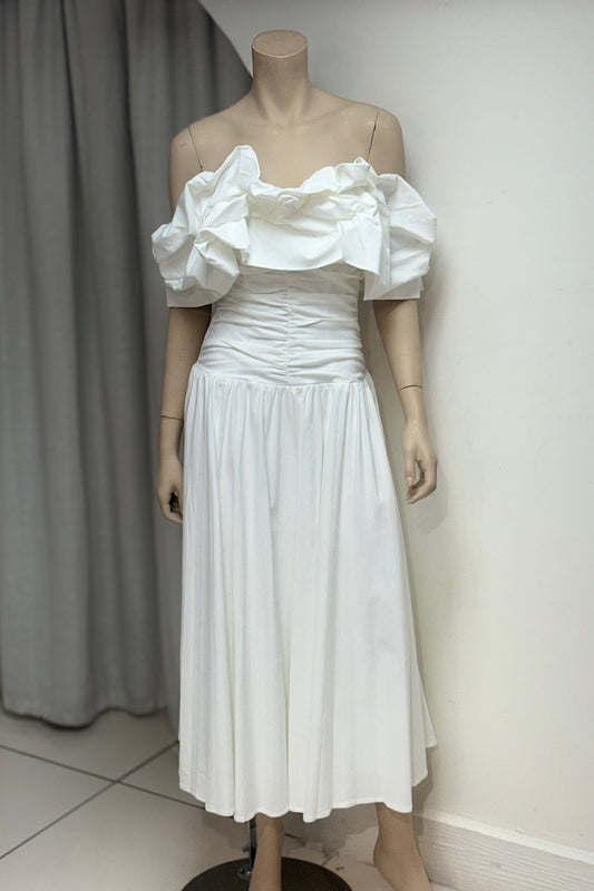 Off-Shoulder Bubble Sleeve Fit And Flare Dress