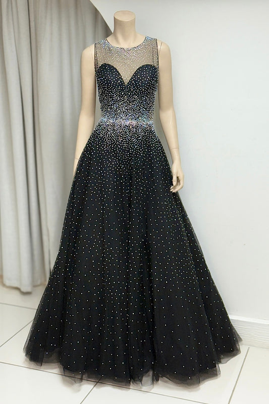 Mesh Top Iridescent Studded Ball Gown