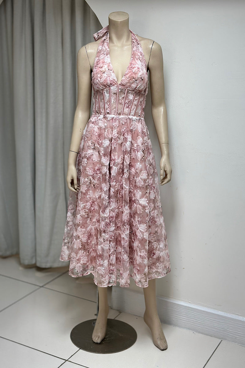 Floral Halter Corset Midi Dress