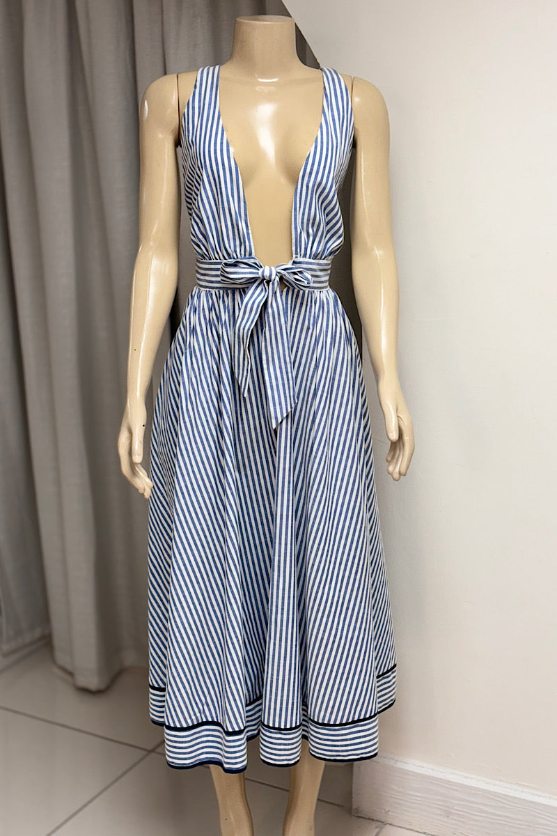 Blue Stripe Spaghetti Strap Midi