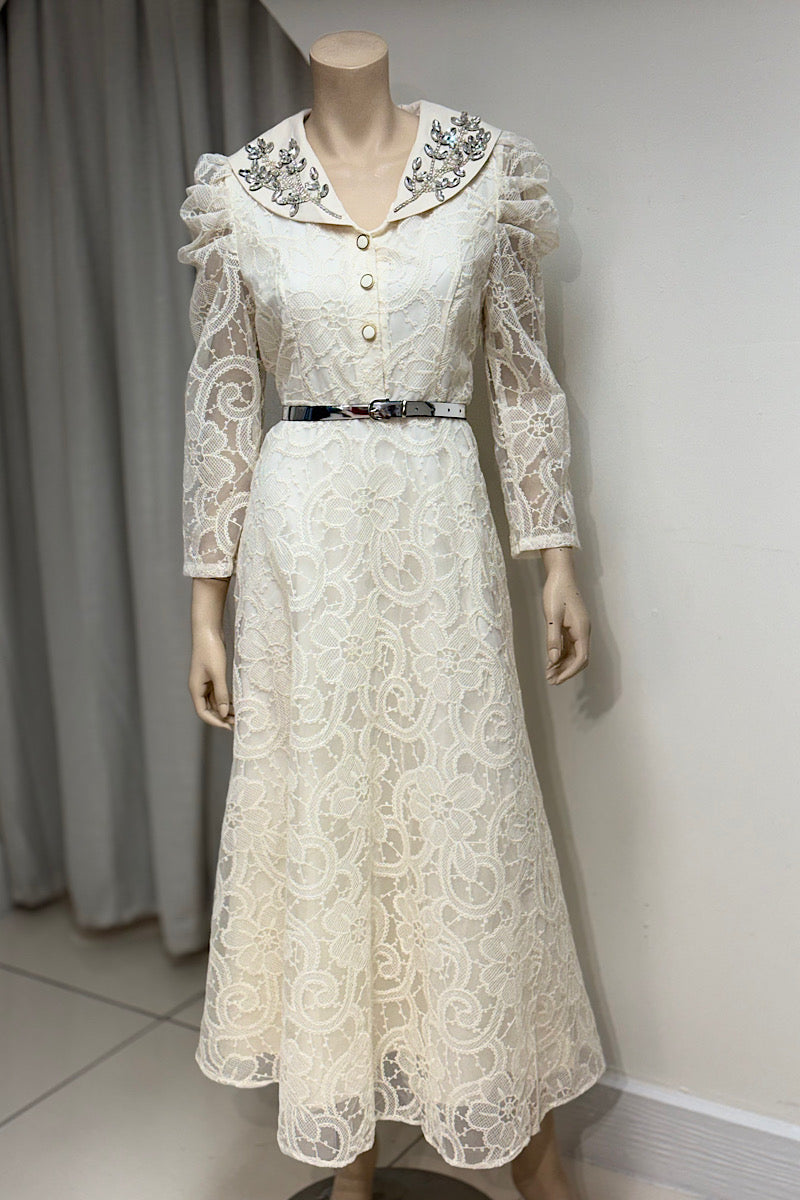 Embellished Collar Lace Belted Dress