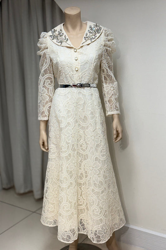 Embellished Collar Lace Belted Dress