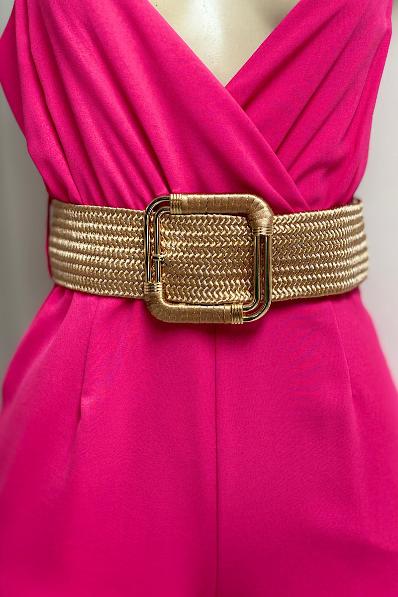 Wrap Around Gold Buckle Straw Belt