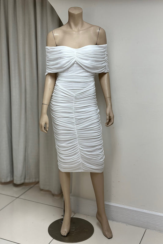 Off-Shoulder Ruched Midi Dress
