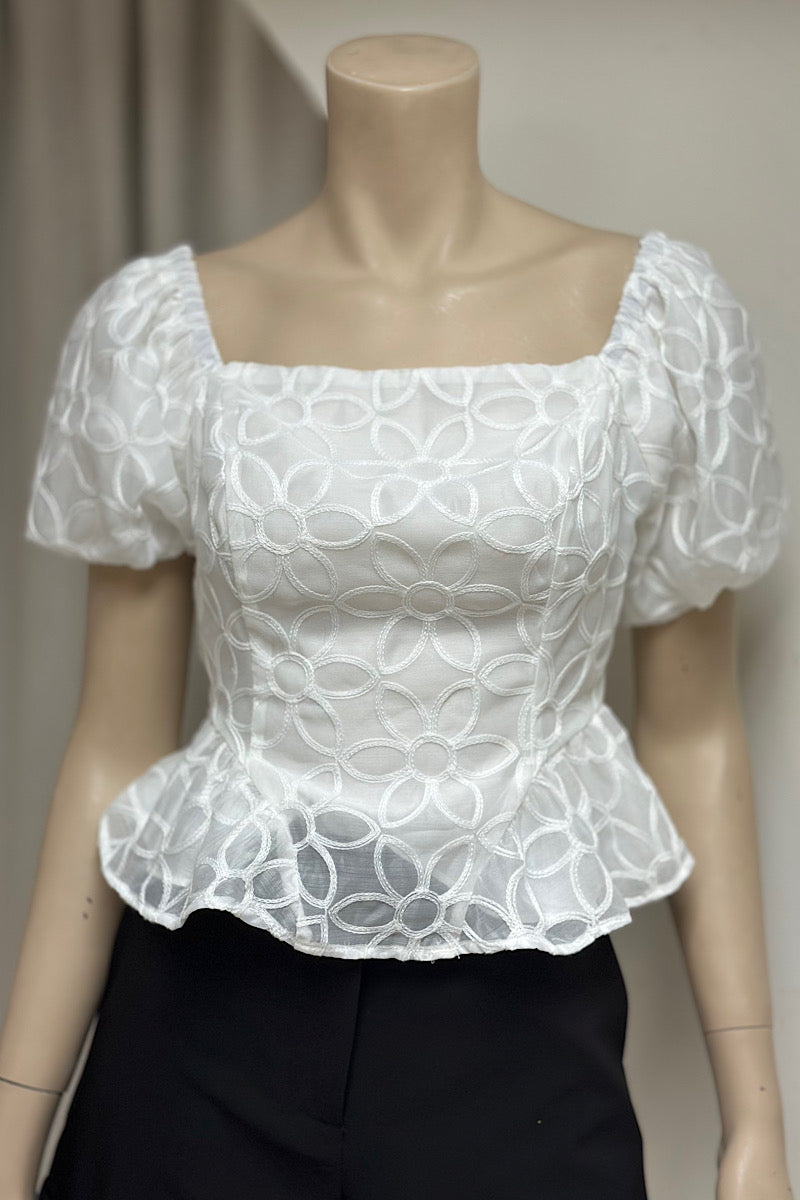 Floral Lace Puff Sleeve Crop Top