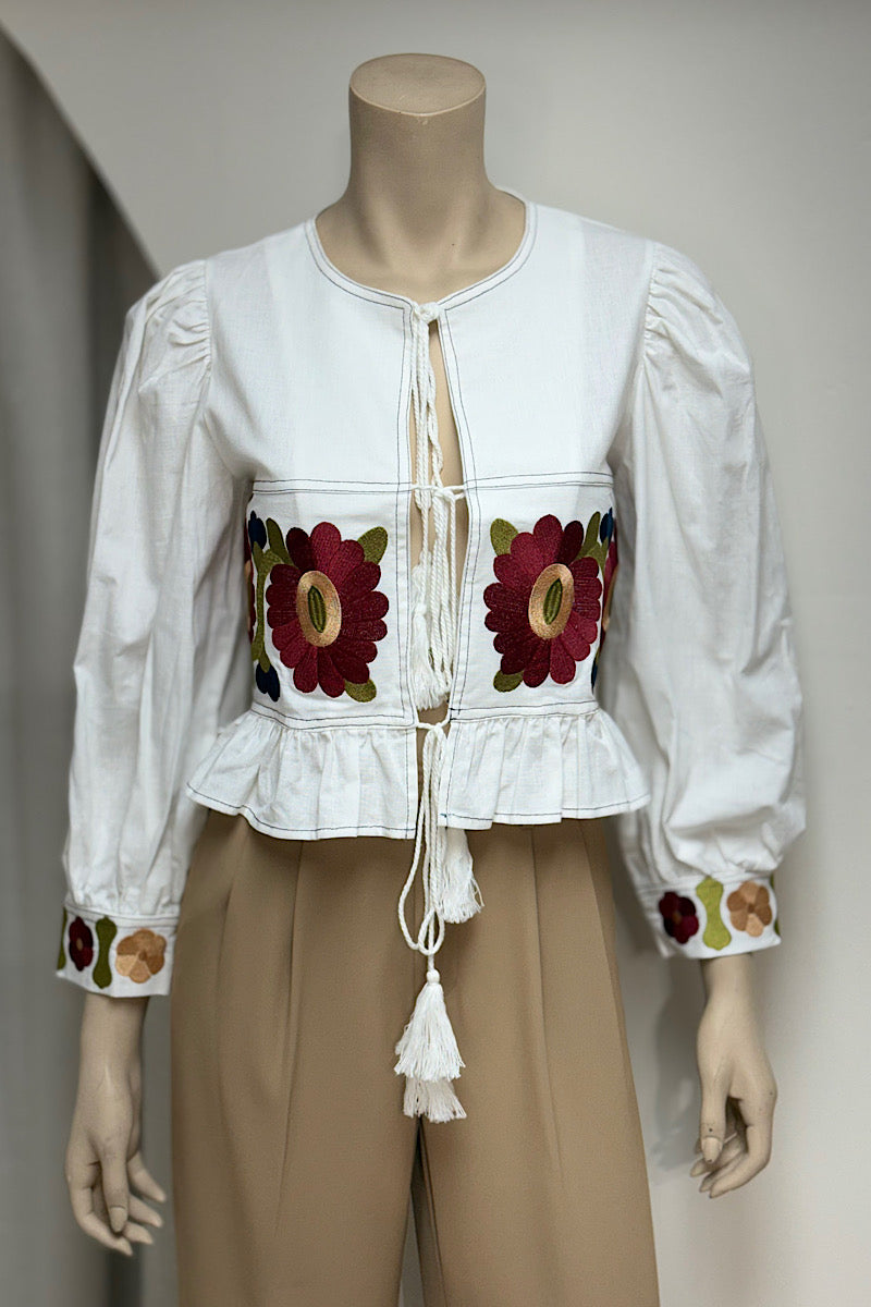 Embroidered Tie Detail Crop Top