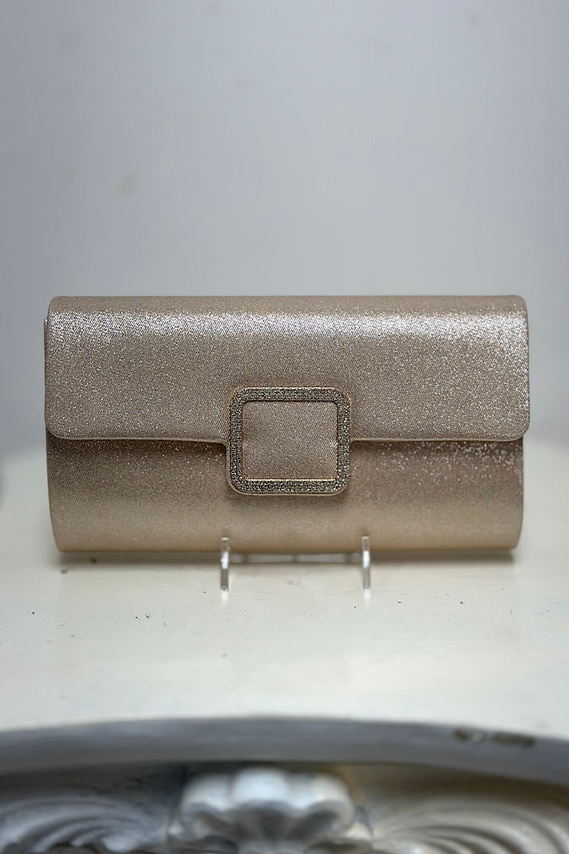 Rhinestone Clasp Shimmer Fold-Over Clutch