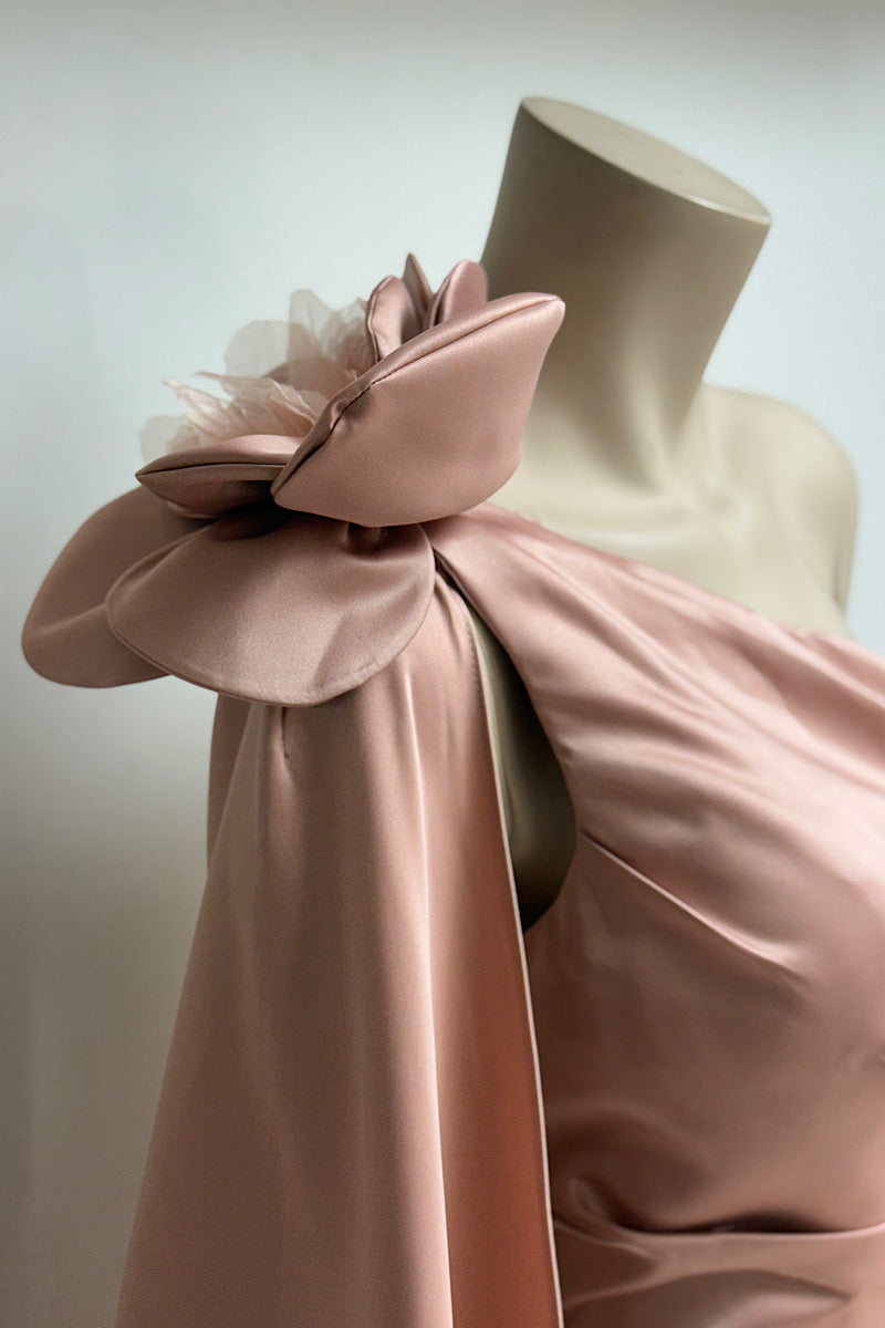 One-Shoulder Rosette Cape Sleeve Satin Formal