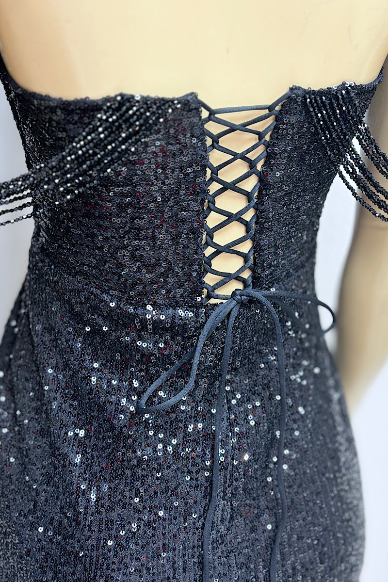 Strapless Sequin  Beaded Draped Neckline