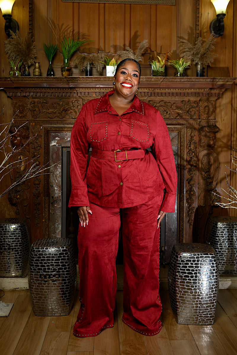 Suede Studded Belted Pant Set