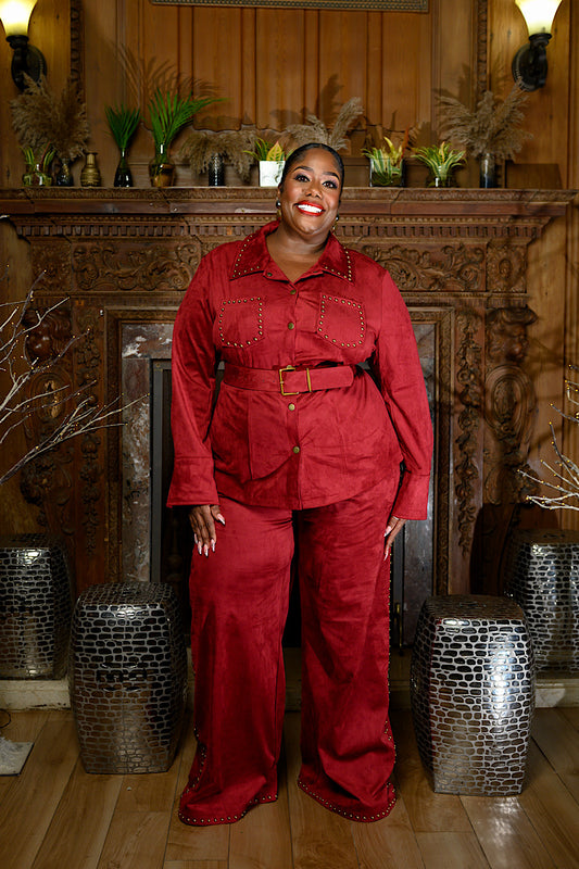 Suede Studded Belted Pant Set