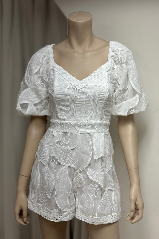 Embroidered Puff Sleeve Romper
