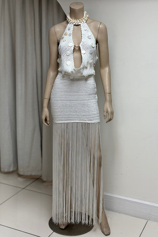 Shell Embellished Knitted Halter Dress