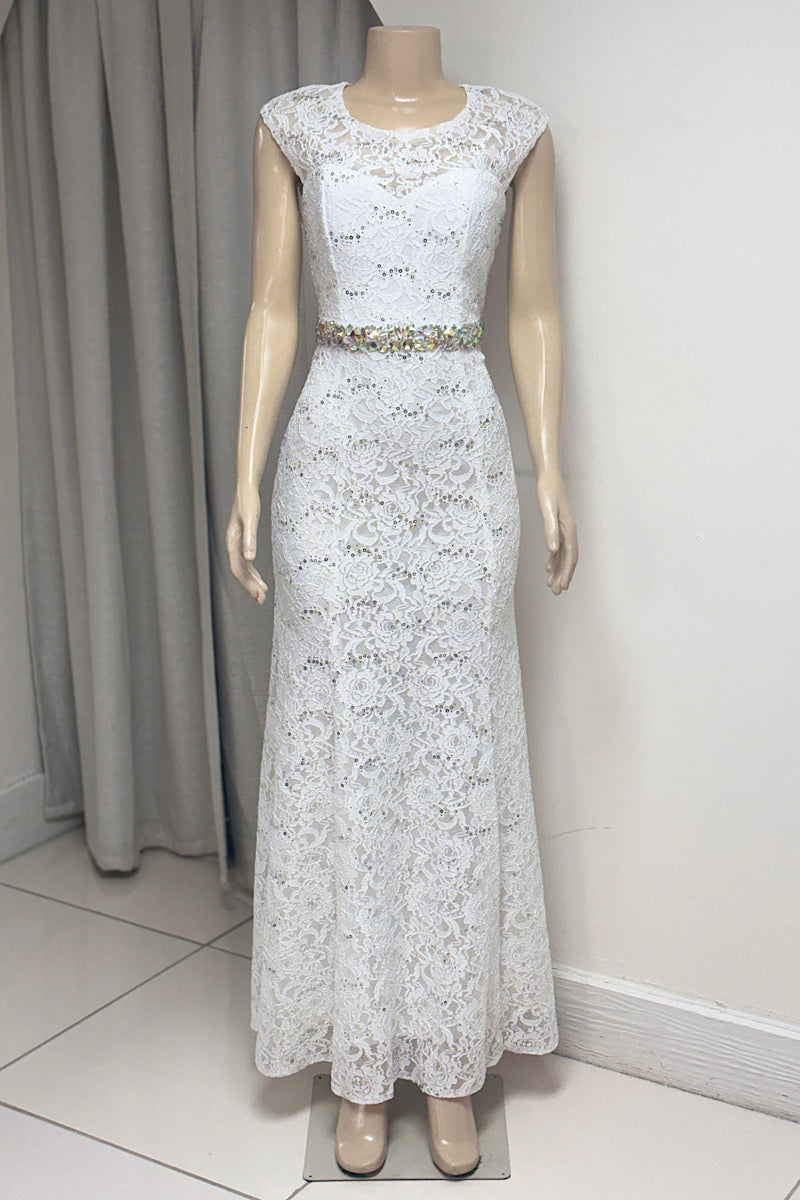 White Lace Rhinestone Belt Formal