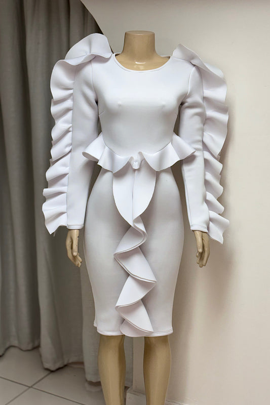 White Ruffled Scuba Dress