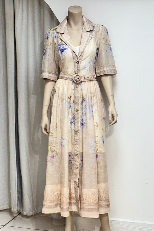 V-Neck Collared Flare Belted Dress