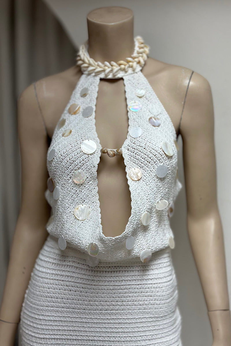 Shell Embellished Knitted Halter Dress
